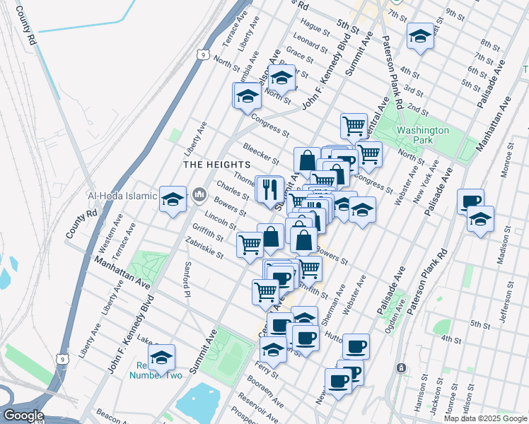map of restaurants, bars, coffee shops, grocery stores, and more near 1009 Summit Avenue in Jersey City
