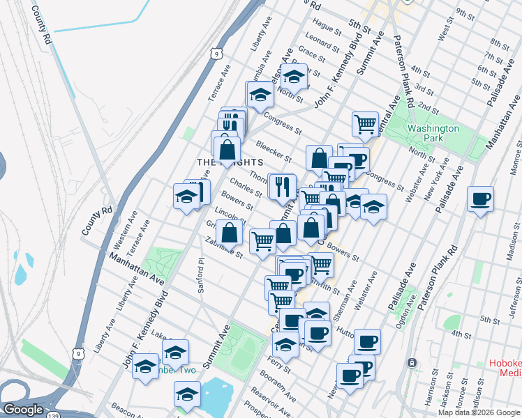 map of restaurants, bars, coffee shops, grocery stores, and more near 210A Bowers Street in Jersey City