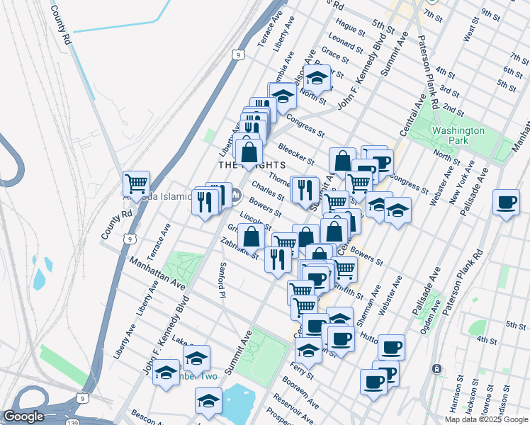 map of restaurants, bars, coffee shops, grocery stores, and more near 235 Bowers Street in Jersey City