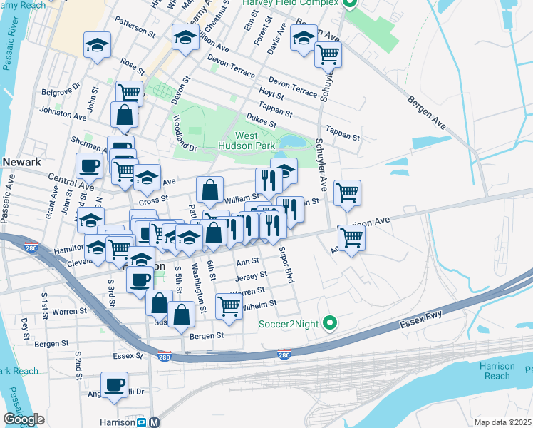 map of restaurants, bars, coffee shops, grocery stores, and more near 746 Hamilton Street in Harrison