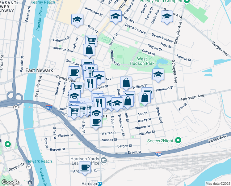 map of restaurants, bars, coffee shops, grocery stores, and more near 513 William Street in Harrison