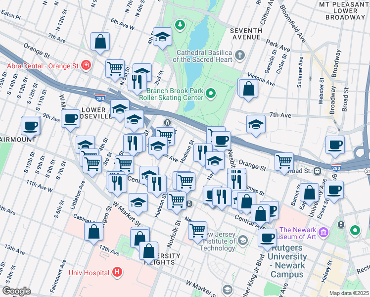 map of restaurants, bars, coffee shops, grocery stores, and more near 34 Hecker Street in Newark