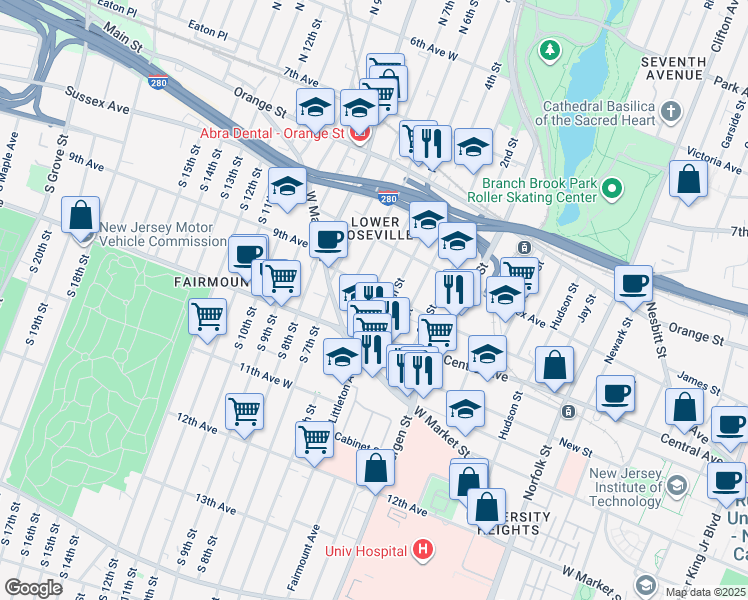 map of restaurants, bars, coffee shops, grocery stores, and more near 33 North 5th Street in Newark