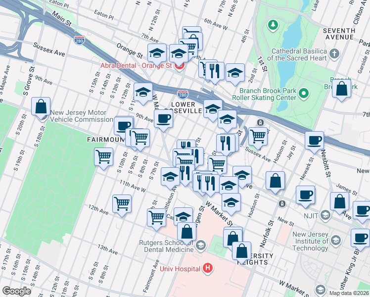 map of restaurants, bars, coffee shops, grocery stores, and more near 33 North 5th Street in Newark