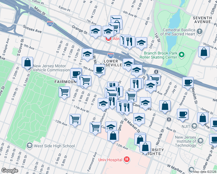 map of restaurants, bars, coffee shops, grocery stores, and more near 33 North 5th Street in Newark