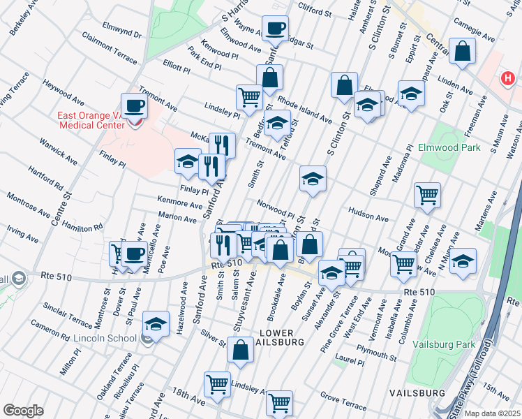map of restaurants, bars, coffee shops, grocery stores, and more near 80 Telford Street in Newark