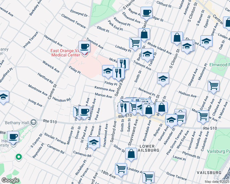 map of restaurants, bars, coffee shops, grocery stores, and more near 379 Sanford Avenue in Newark
