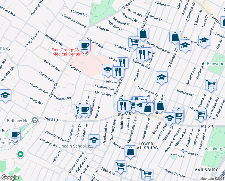 map of restaurants, bars, coffee shops, grocery stores, and more near 379 Sanford Avenue in Newark