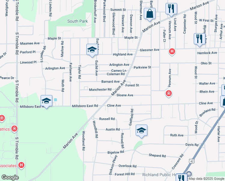 map of restaurants, bars, coffee shops, grocery stores, and more near 564 Marion Avenue in Mansfield