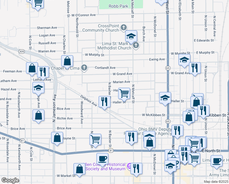 map of restaurants, bars, coffee shops, grocery stores, and more near 555 Hazel Avenue in Lima