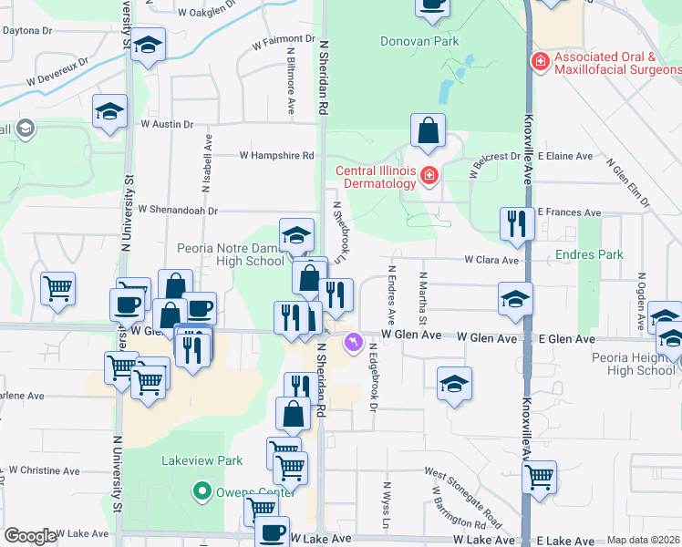 map of restaurants, bars, coffee shops, grocery stores, and more near 5106 North Sherbrook Lane in Peoria