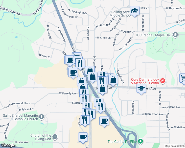 map of restaurants, bars, coffee shops, grocery stores, and more near 5003 North Hamilton Road in Peoria