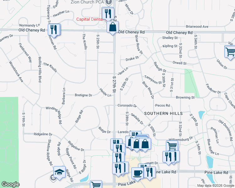 map of restaurants, bars, coffee shops, grocery stores, and more near 2630 Heide Lane in Lincoln