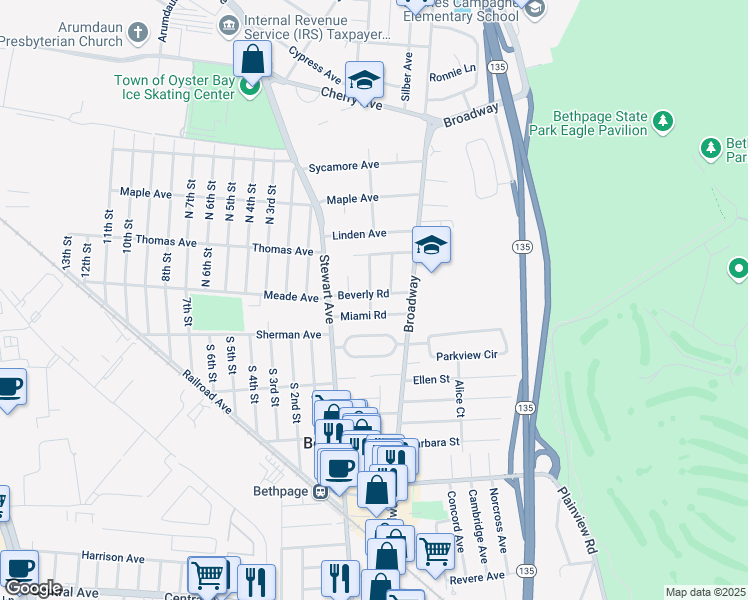 map of restaurants, bars, coffee shops, grocery stores, and more near 15 Beverly Road in Bethpage