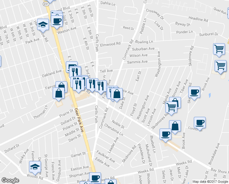map of restaurants, bars, coffee shops, grocery stores, and more near 165 Commack Road in Deer Park