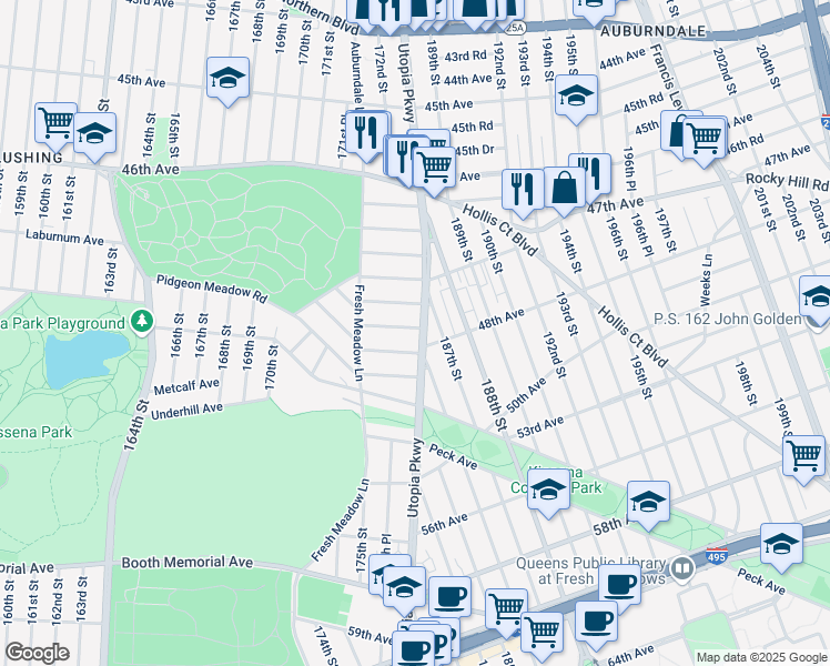 map of restaurants, bars, coffee shops, grocery stores, and more near 47-54 Utopia Parkway in Queens