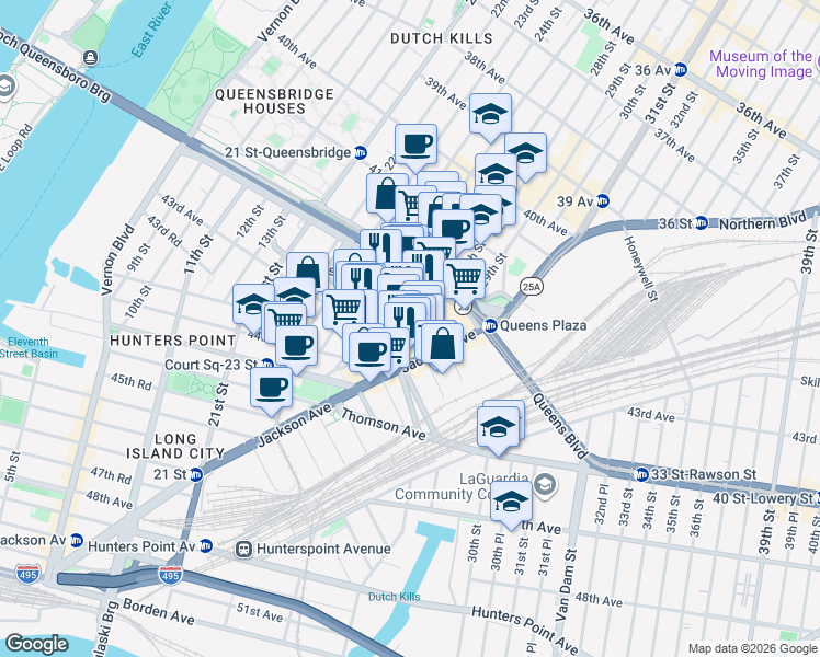 map of restaurants, bars, coffee shops, grocery stores, and more near 42-50 27th Street in Queens