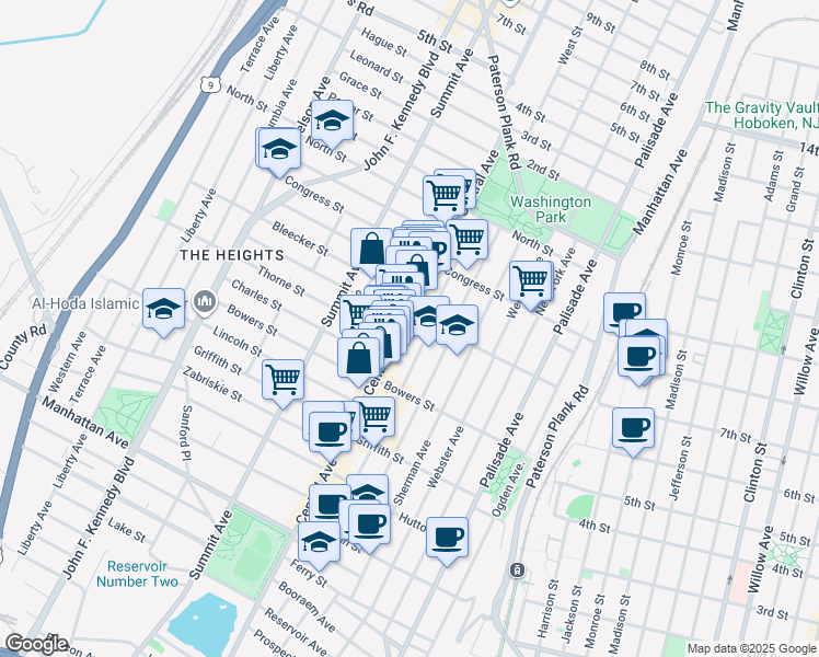 map of restaurants, bars, coffee shops, grocery stores, and more near 419 Central Avenue in Jersey City