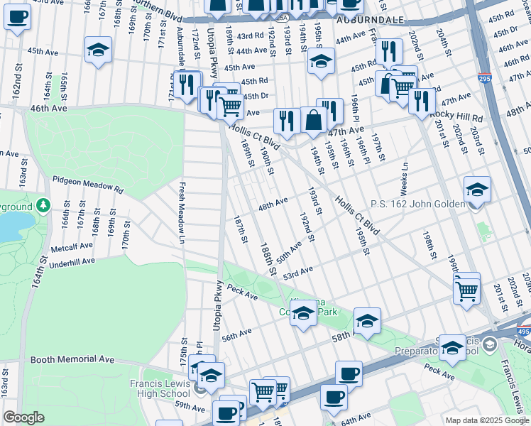 map of restaurants, bars, coffee shops, grocery stores, and more near 48-6 189th Street in Queens