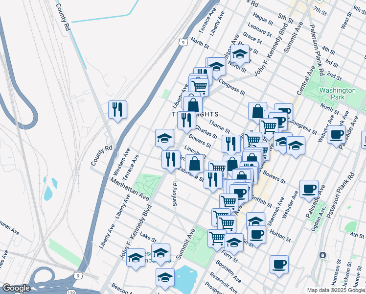 map of restaurants, bars, coffee shops, grocery stores, and more near 3418 John F Kennedy Boulevard in Jersey City