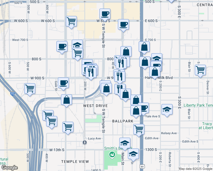 map of restaurants, bars, coffee shops, grocery stores, and more near 925 South West Temple in Salt Lake City