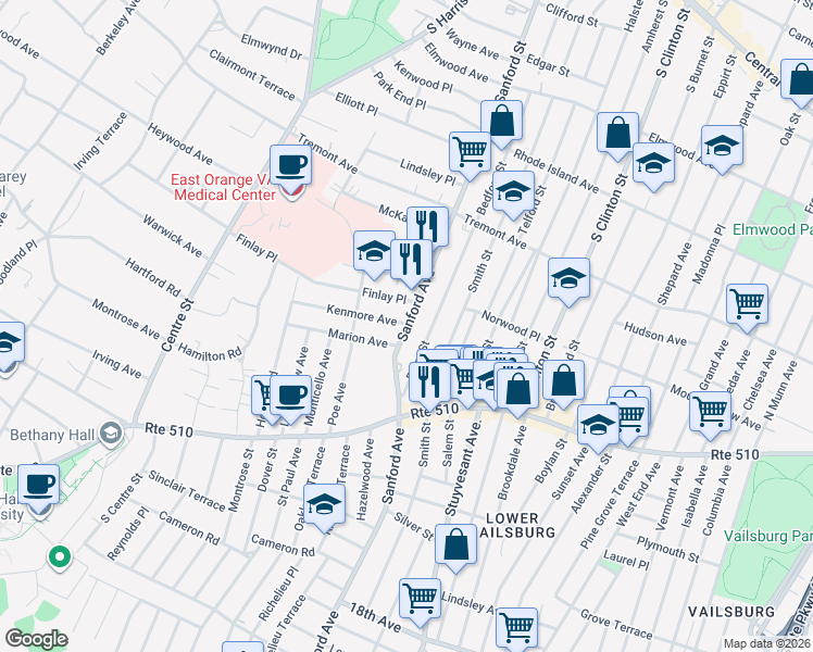 map of restaurants, bars, coffee shops, grocery stores, and more near 379 Sanford Avenue in Newark