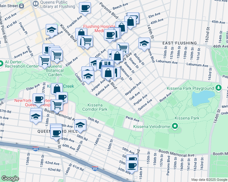 map of restaurants, bars, coffee shops, grocery stores, and more near 137-56 Laburnum Avenue in Queens
