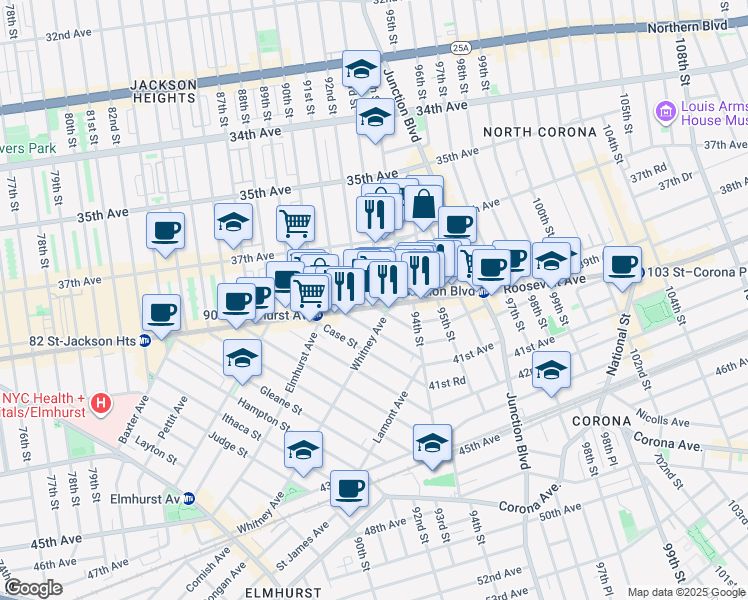 map of restaurants, bars, coffee shops, grocery stores, and more near in Queens