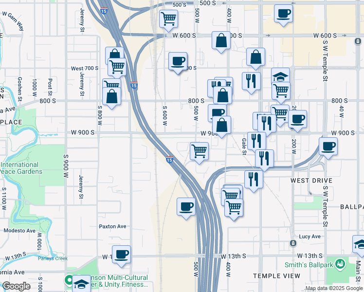 map of restaurants, bars, coffee shops, grocery stores, and more near 920 500 West in Salt Lake City