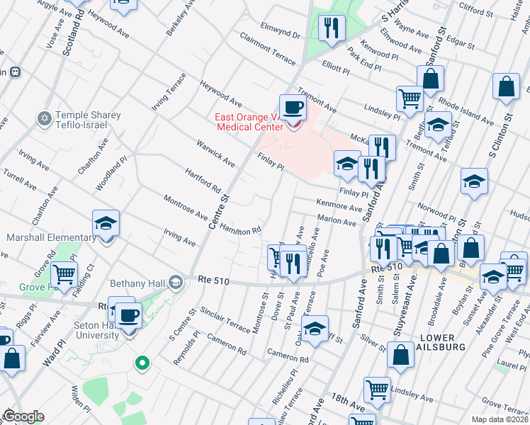 map of restaurants, bars, coffee shops, grocery stores, and more near 607 Hamilton Road in South Orange