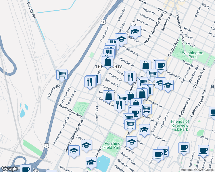 map of restaurants, bars, coffee shops, grocery stores, and more near 122 Lincoln Street in Jersey City