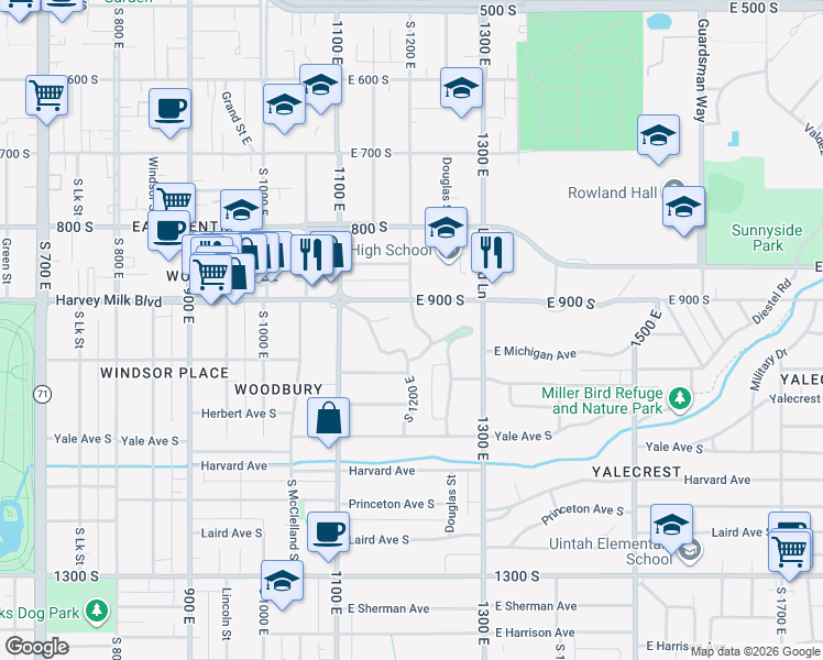 map of restaurants, bars, coffee shops, grocery stores, and more near 930 South 1200 East in Salt Lake City