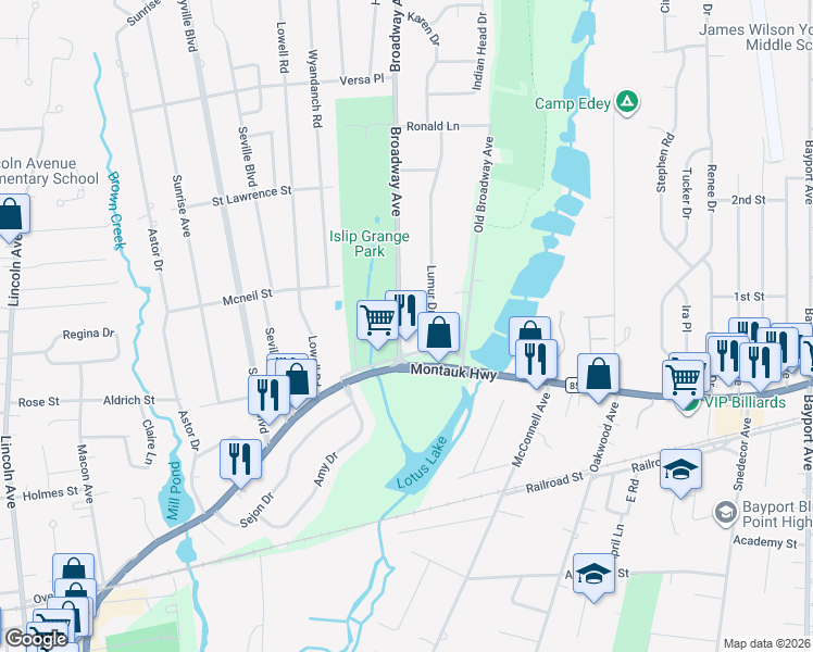 map of restaurants, bars, coffee shops, grocery stores, and more near 43 Broadway Avenue in Sayville