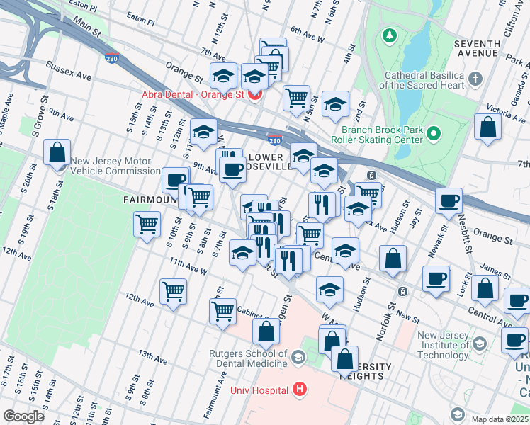 map of restaurants, bars, coffee shops, grocery stores, and more near 33 North 5th Street in Newark