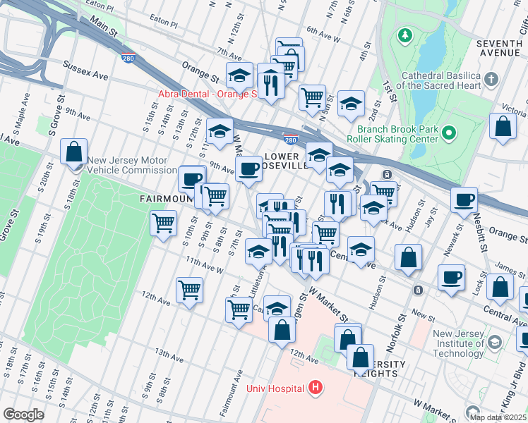 map of restaurants, bars, coffee shops, grocery stores, and more near 449 West Market Street in Newark