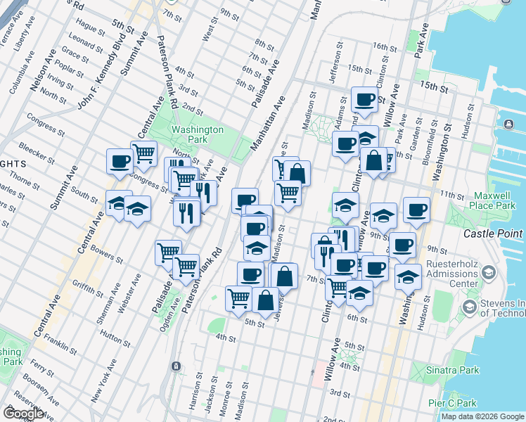 map of restaurants, bars, coffee shops, grocery stores, and more near 552 9th Street in Hoboken