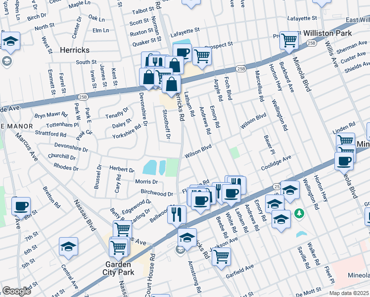 map of restaurants, bars, coffee shops, grocery stores, and more near 410 Herricks Road in Mineola