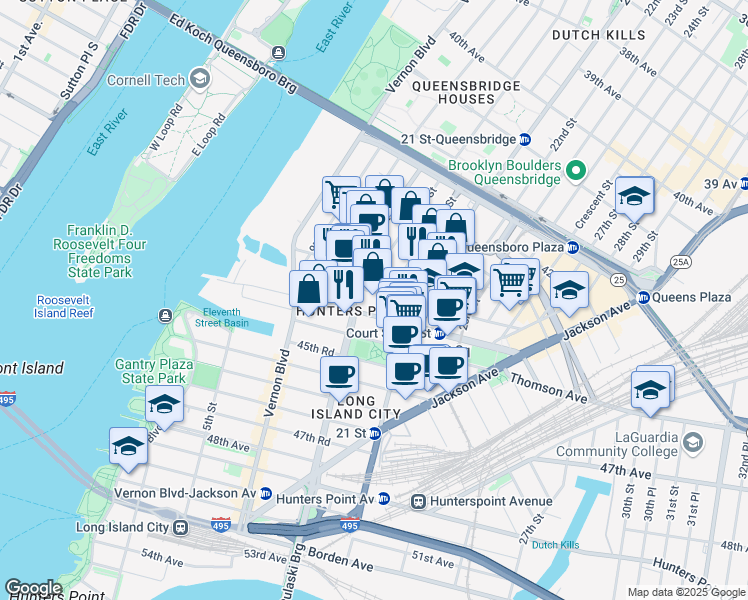 map of restaurants, bars, coffee shops, grocery stores, and more near 11-22 44th Road in Queens