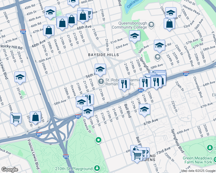 map of restaurants, bars, coffee shops, grocery stores, and more near 58-01 214th Street in Queens