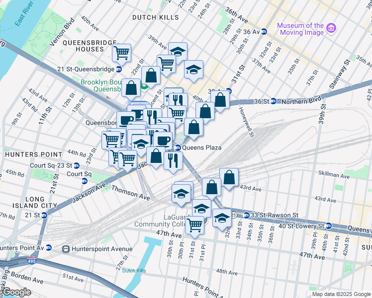 map of restaurants, bars, coffee shops, grocery stores, and more near 29-14 Queens Boulevard in Queens