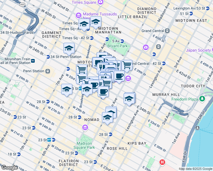 map of restaurants, bars, coffee shops, grocery stores, and more near 350 5th Avenue in New York