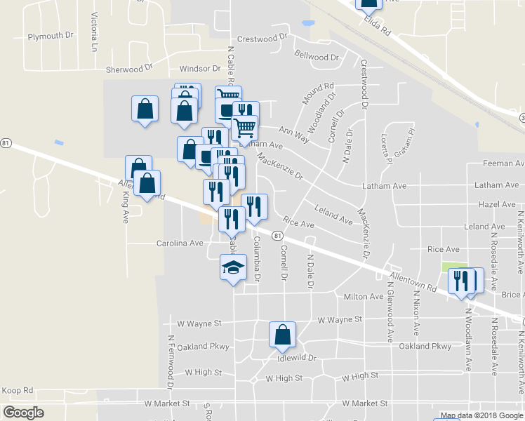 map of restaurants, bars, coffee shops, grocery stores, and more near 628 Columbia Drive in Lima
