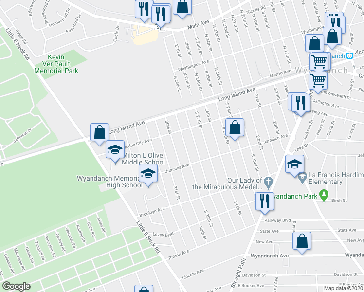 map of restaurants, bars, coffee shops, grocery stores, and more near 100 South 29th Street in Wyandanch