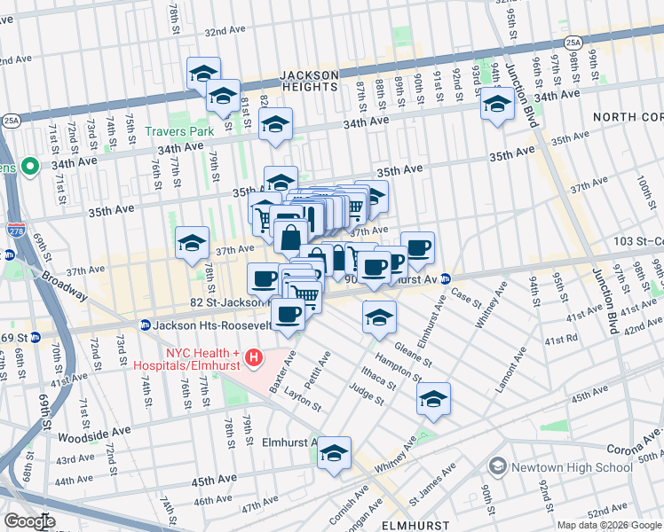 map of restaurants, bars, coffee shops, grocery stores, and more near 37-34 84th Street in Queens