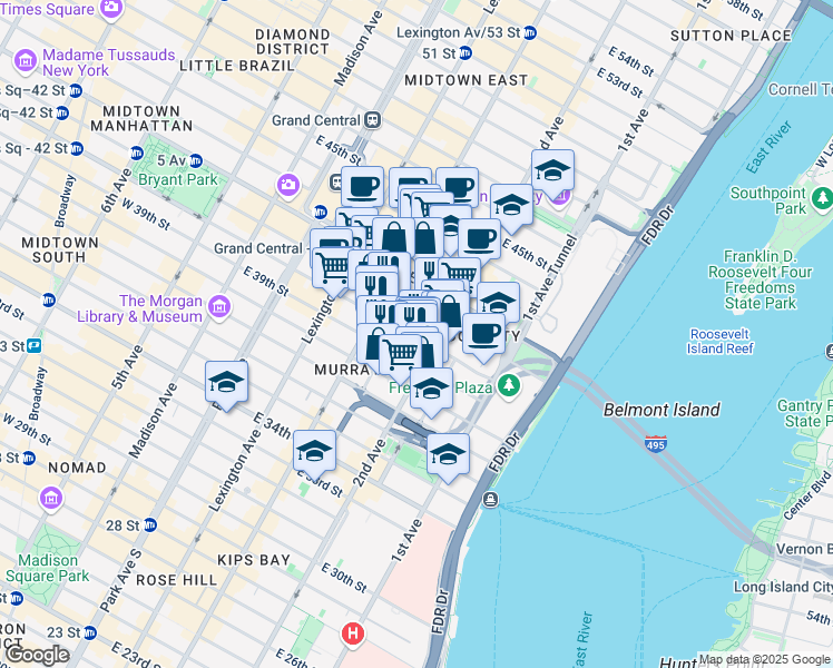 map of restaurants, bars, coffee shops, grocery stores, and more near 619635 3rd Avenue in New York