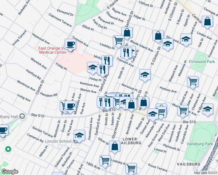 map of restaurants, bars, coffee shops, grocery stores, and more near 74 Bedford Street in Newark