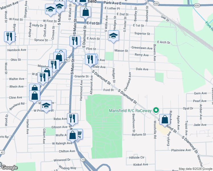 map of restaurants, bars, coffee shops, grocery stores, and more near 389 South Diamond Street in Mansfield