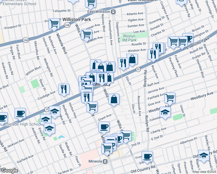 map of restaurants, bars, coffee shops, grocery stores, and more near 112 Washington Avenue in Mineola