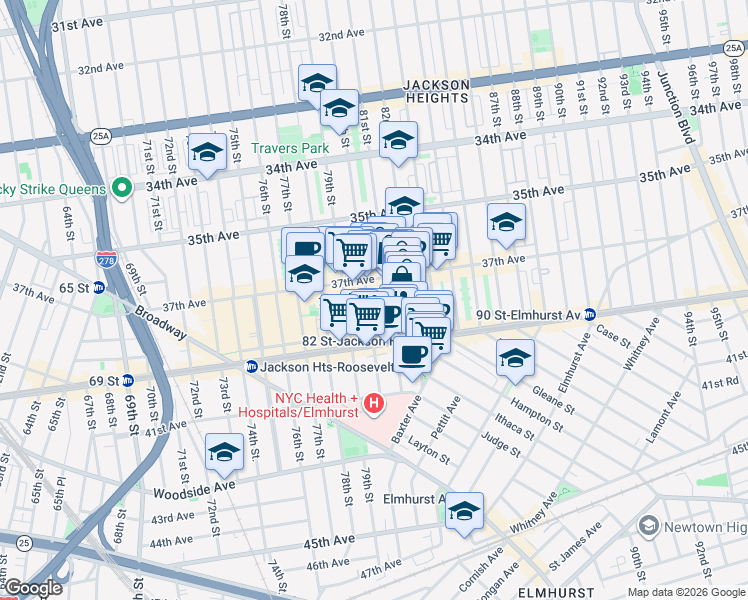 map of restaurants, bars, coffee shops, grocery stores, and more near 37-20 81st Street in Queens