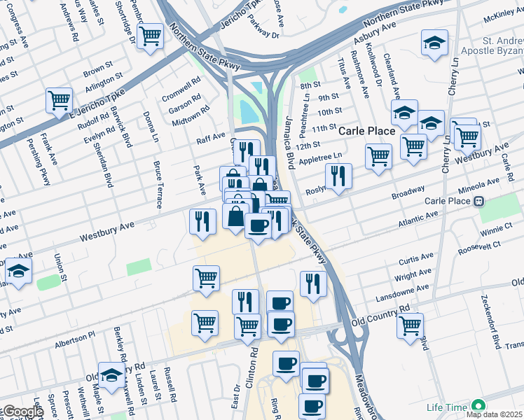 map of restaurants, bars, coffee shops, grocery stores, and more near 231 Glen Cove Road in Carle Place